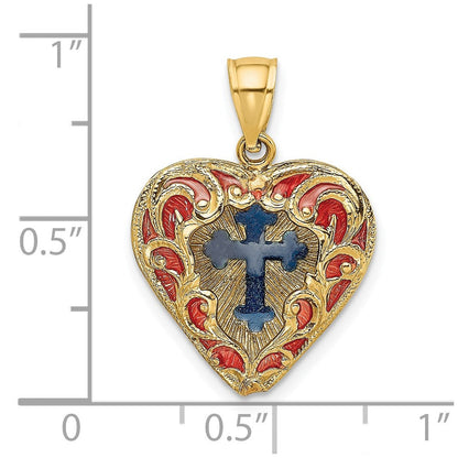 14K Gelbgold Wendbarer Charm mit rot und blau emailliertem Kreuz im Herz
