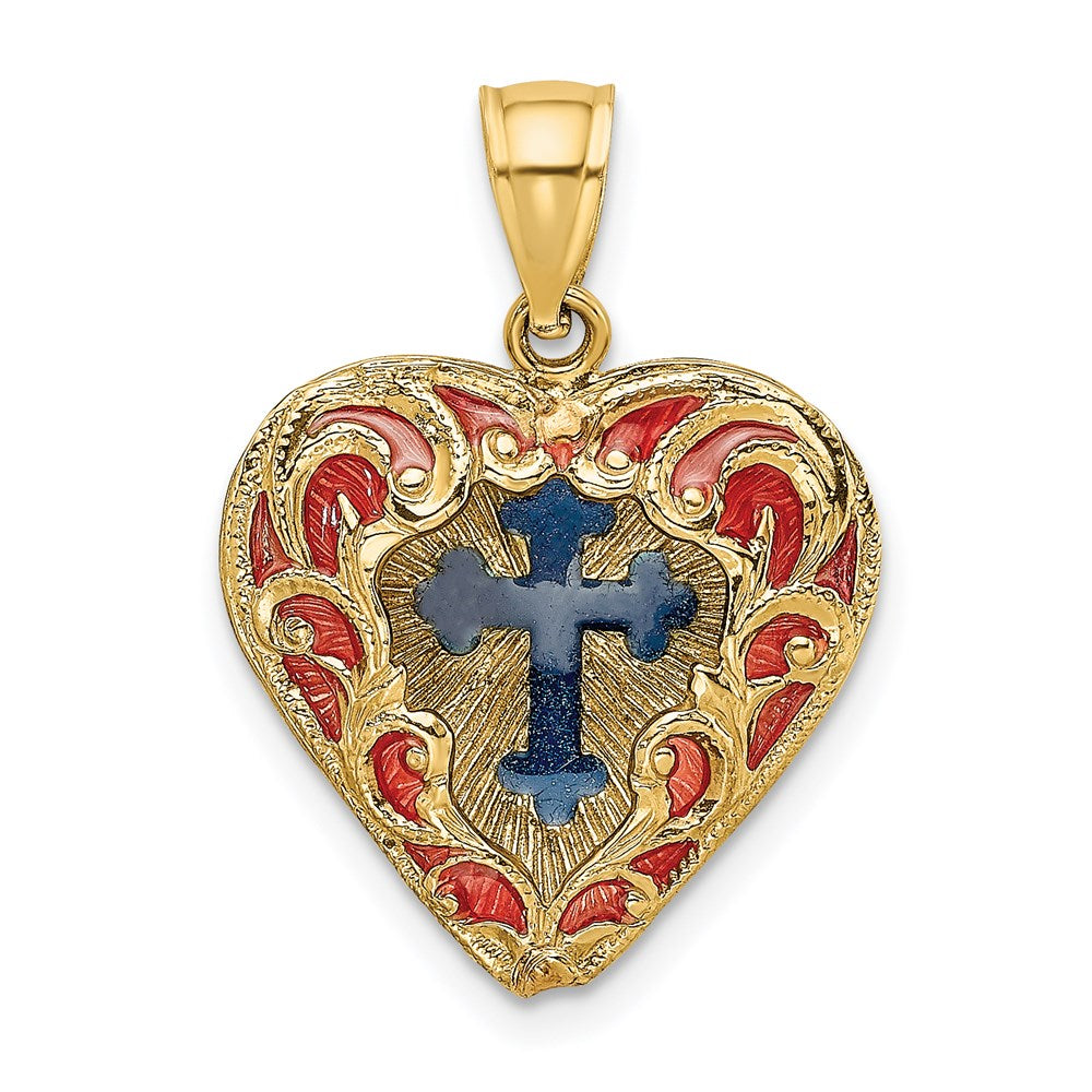 14K Gelbgold Wendbarer Charm mit rot und blau emailliertem Kreuz im Herz