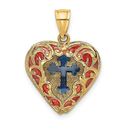 14K Gelbgold Wendbarer Charm mit rot und blau emailliertem Kreuz im Herz