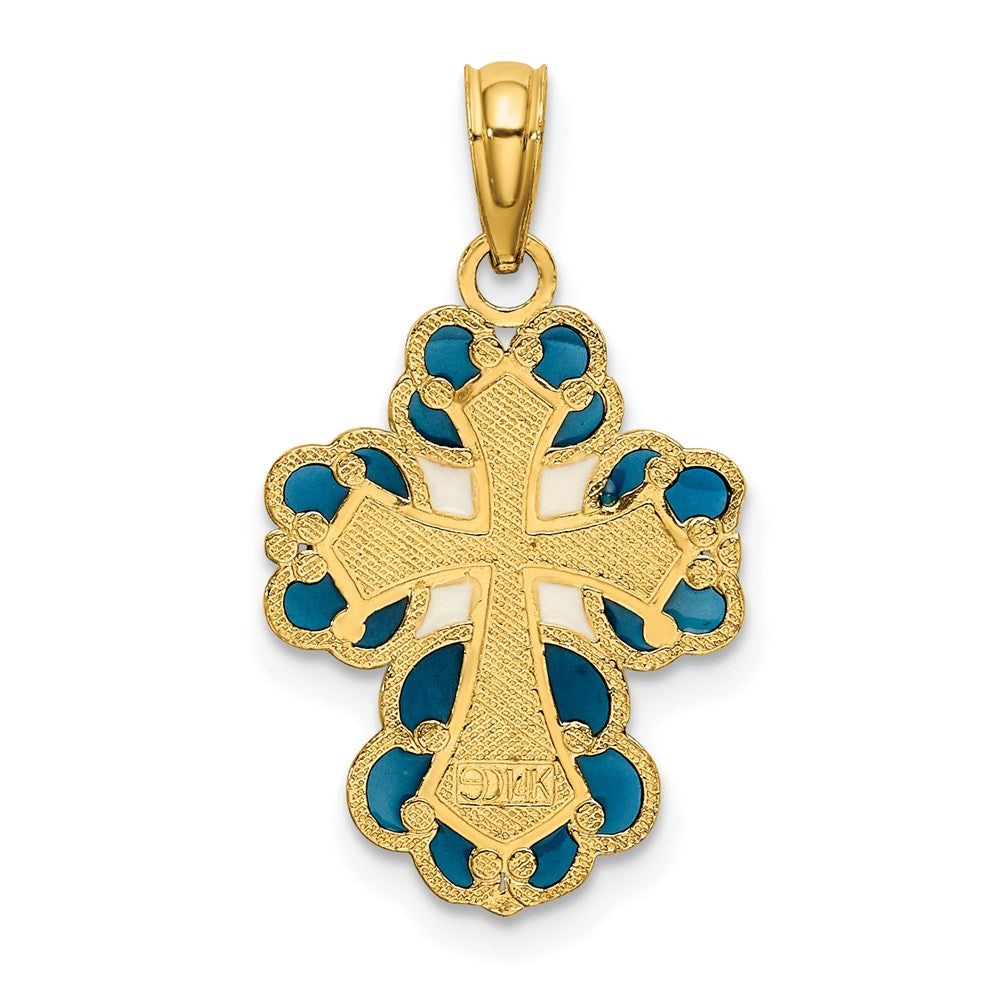 14K Gelbgold Blau, Weiß und Rot Emailliert mit Lace Zierde Kreuz Charm