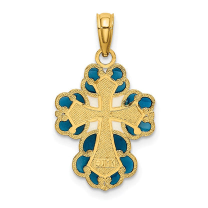 14K Gelbgold Blau, Weiß und Rot Emailliert mit Lace Zierde Kreuz Charm