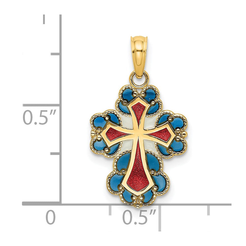 14K Gelbgold Blau, Weiß und Rot Emailliert mit Lace Zierde Kreuz Charm