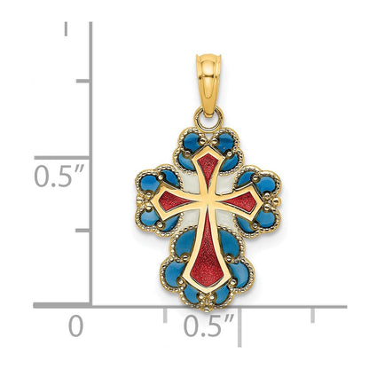 14K Gelbgold Blau, Weiß und Rot Emailliert mit Lace Zierde Kreuz Charm