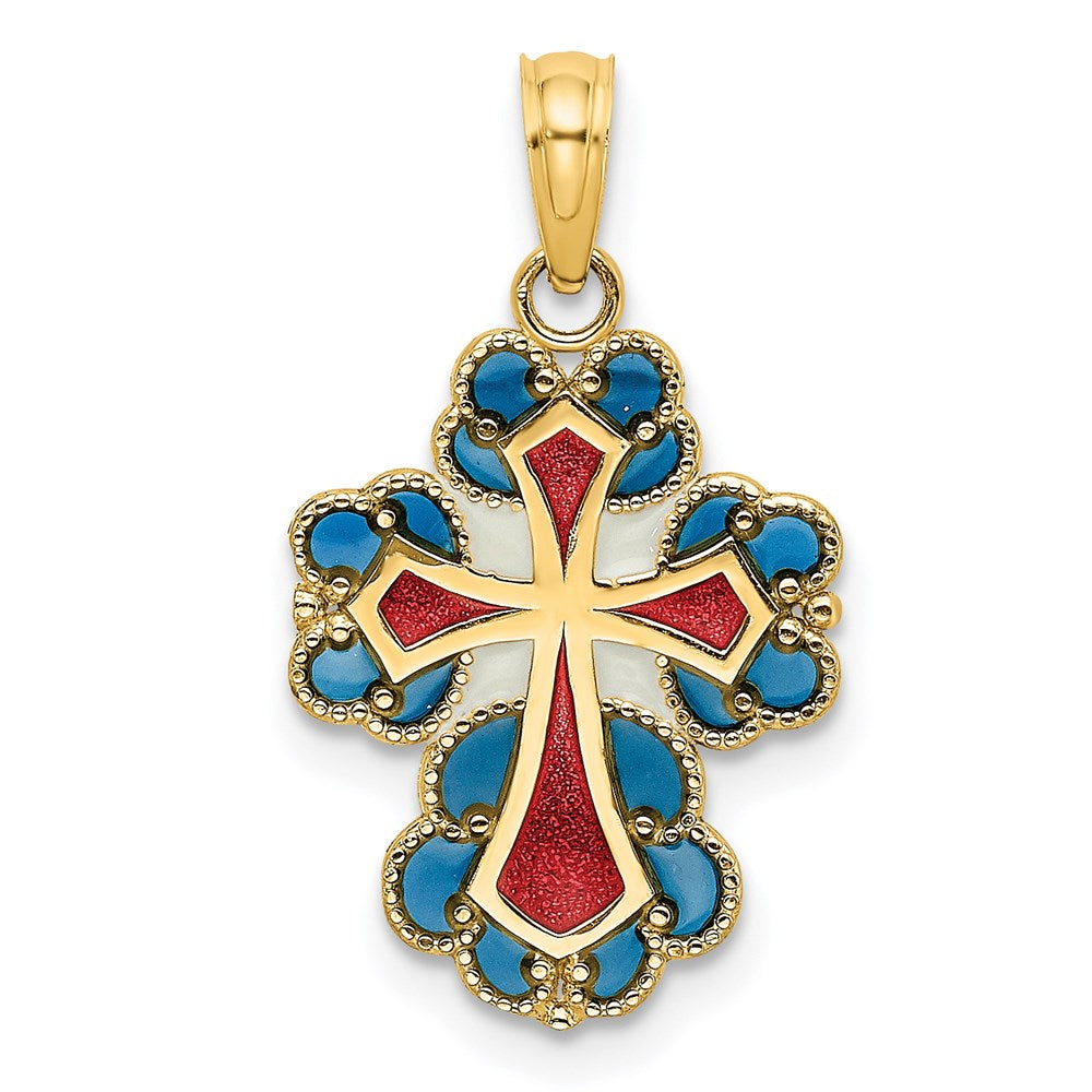 14K Gelbgold Blau, Weiß und Rot Emailliert mit Lace Zierde Kreuz Charm