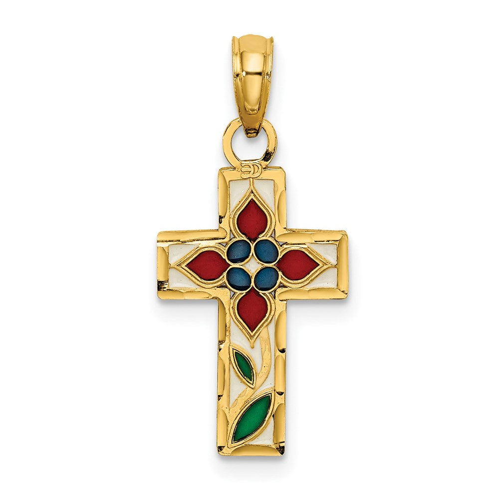 14K Gelbgold Emailliert mit Blume Kreuz Charm