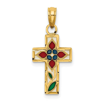 14K Gelbgold Emailliert mit Blume Kreuz Charm