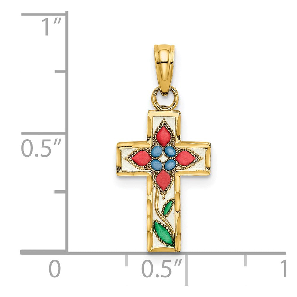 14K Gelbgold Emailliert mit Blume Kreuz Charm