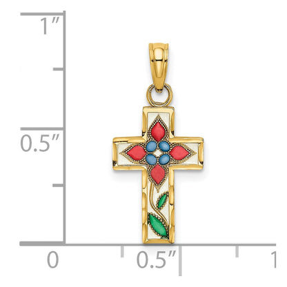 14K Gelbgold Emailliert mit Blume Kreuz Charm