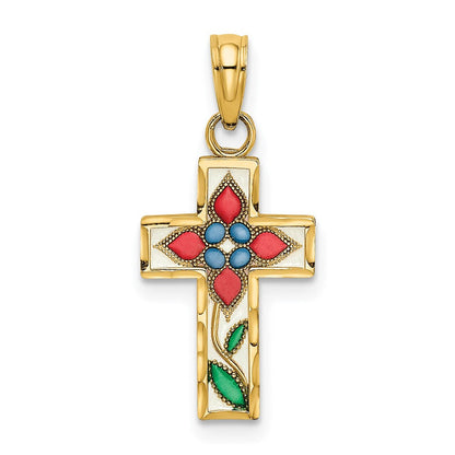 14K Gelbgold Emailliert mit Blume Kreuz Charm