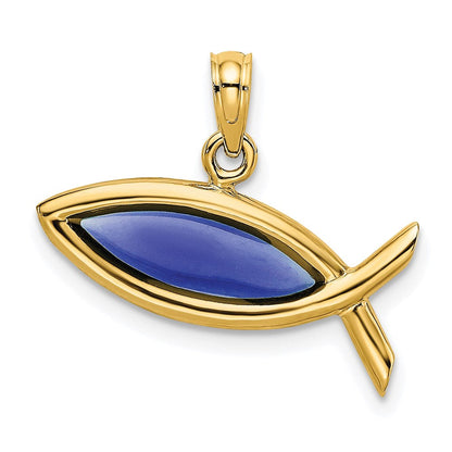 14K Gelbgold Horizontal Blau Emailliert Ichthus Charm