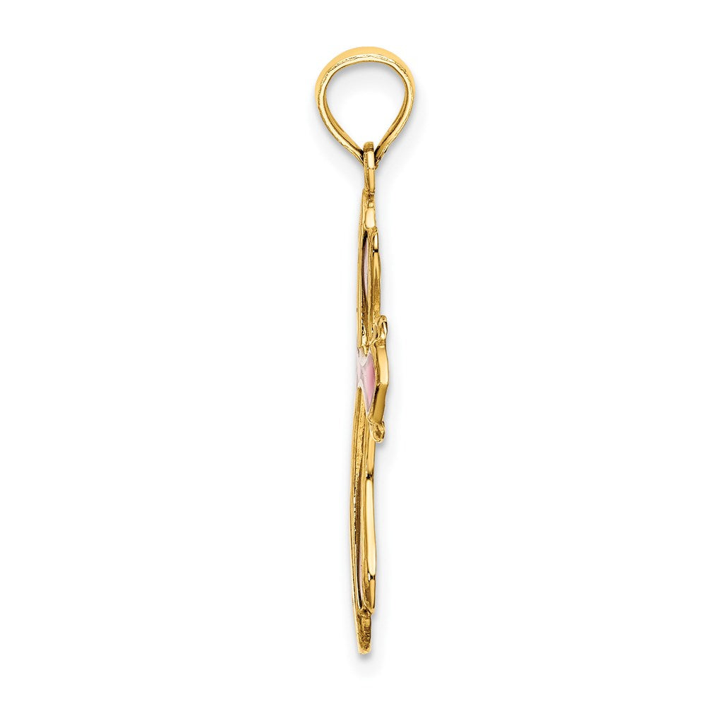 14K Gelbgold Rosa und Lila Emailliert Kreuz Charm