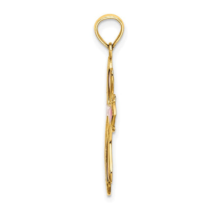 14K Gelbgold Rosa und Lila Emailliert Kreuz Charm