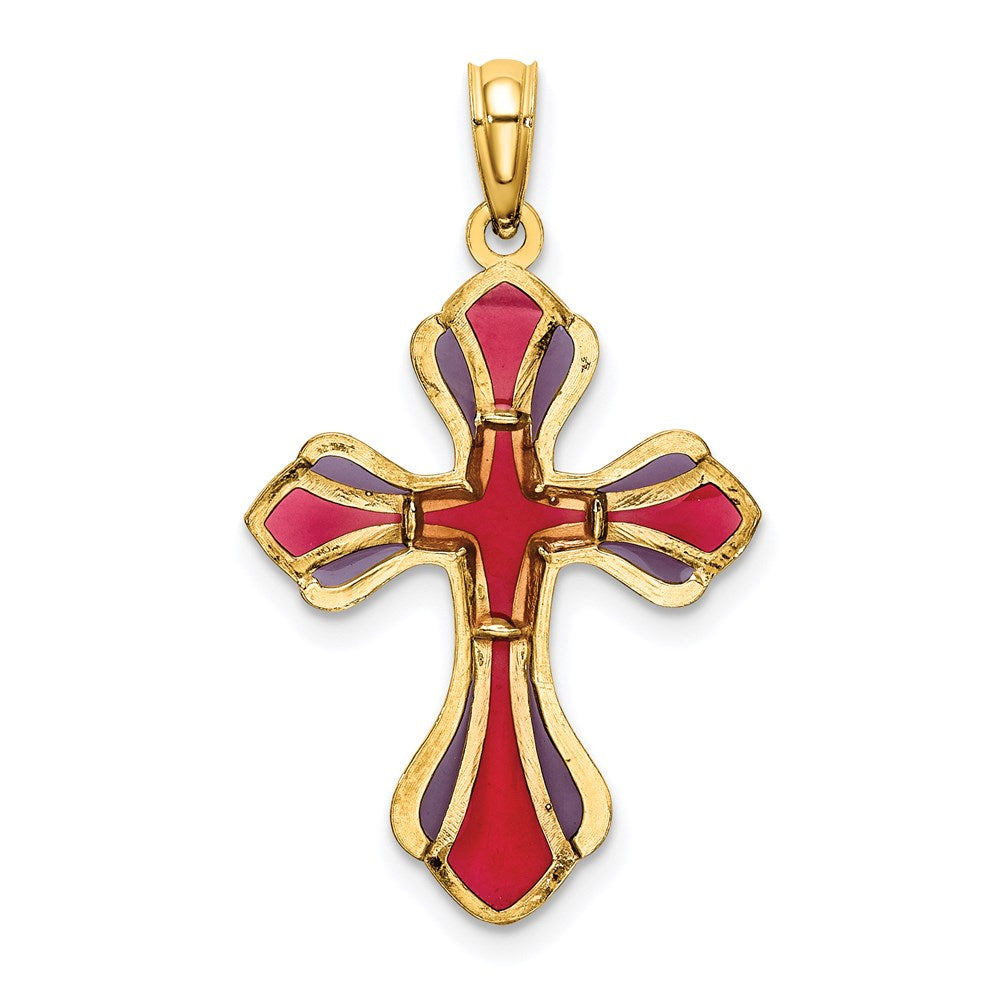 14K Gelbgold Rosa und Lila Emailliert Kreuz Charm
