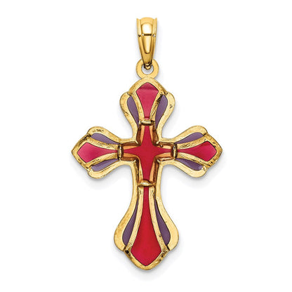14K Gelbgold Rosa und Lila Emailliert Kreuz Charm