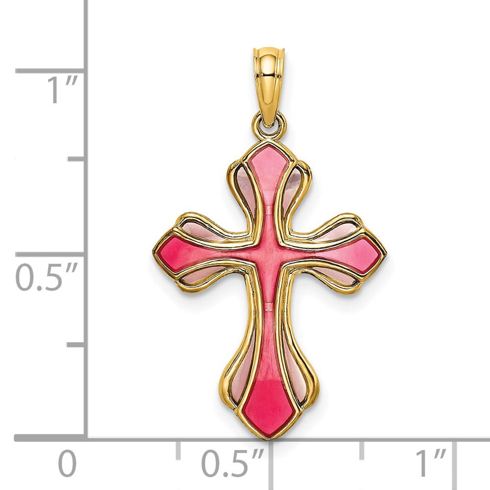 14K Gelbgold Rosa und Lila Emailliert Kreuz Charm