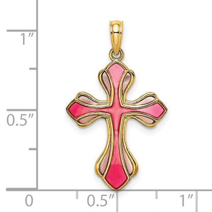 14K Gelbgold Rosa und Lila Emailliert Kreuz Charm