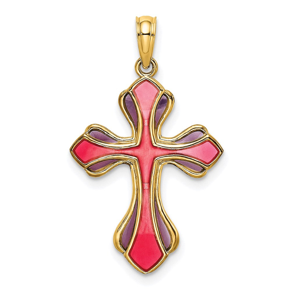 14K Gelbgold Rosa und Lila Emailliert Kreuz Charm