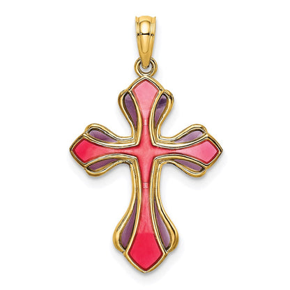 14K Gelbgold Rosa und Lila Emailliert Kreuz Charm
