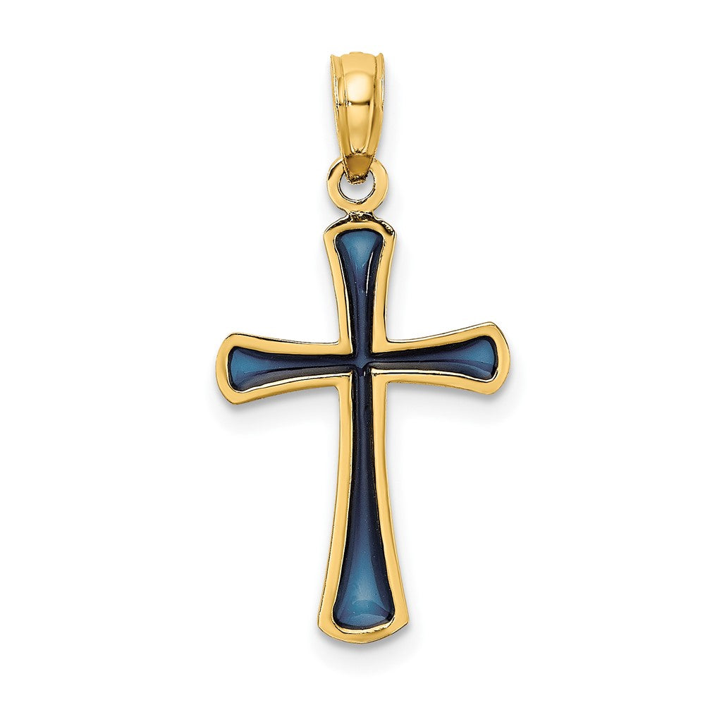 14K Gelbgold Blau Emailliert Verjüngt Kreuz Charm