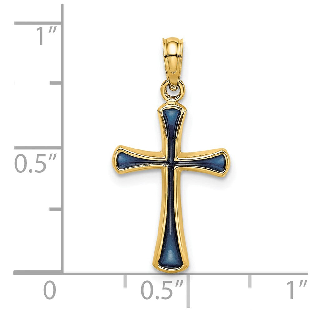 14K Gelbgold Blau Emailliert Verjüngt Kreuz Charm
