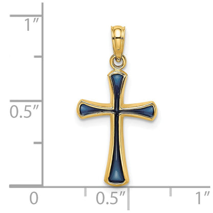 14K Gelbgold Blau Emailliert Verjüngt Kreuz Charm