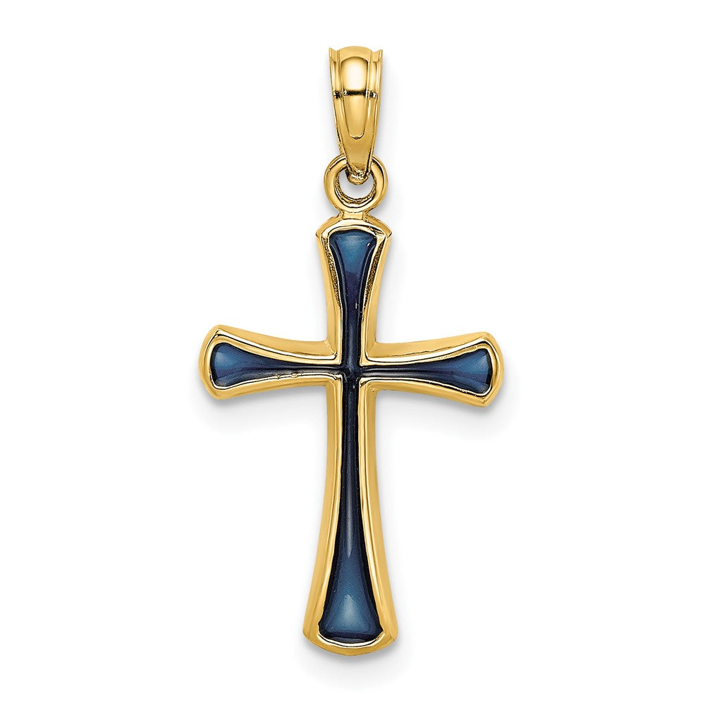 14K Gelbgold Blau Emailliert Verjüngt Kreuz Charm