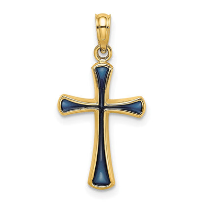 14K Gelbgold Blau Emailliert Verjüngt Kreuz Charm