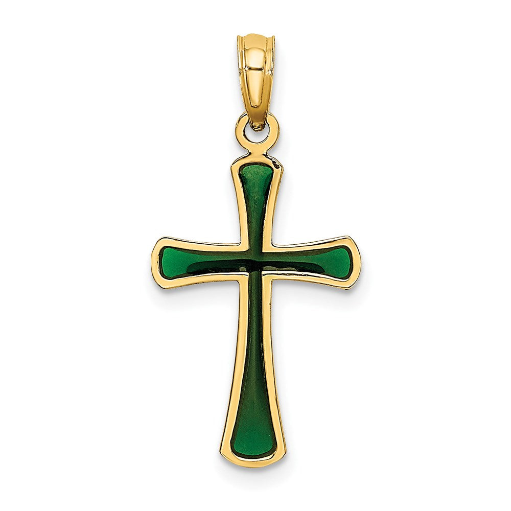 14K Gelbgold Grün Emailliert Verjüngt Kreuz Charm