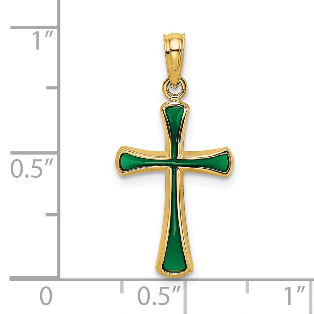 14K Gelbgold Grün Emailliert Verjüngt Kreuz Charm