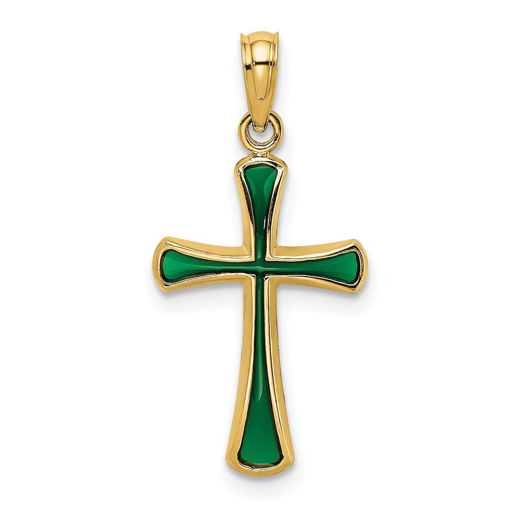 14K Gelbgold Grün Emailliert Verjüngt Kreuz Charm
