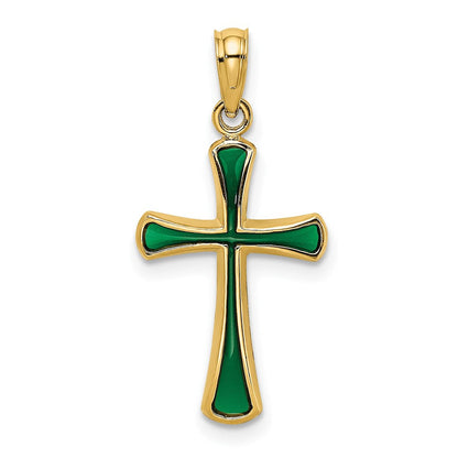 14K Gelbgold Grün Emailliert Verjüngt Kreuz Charm
