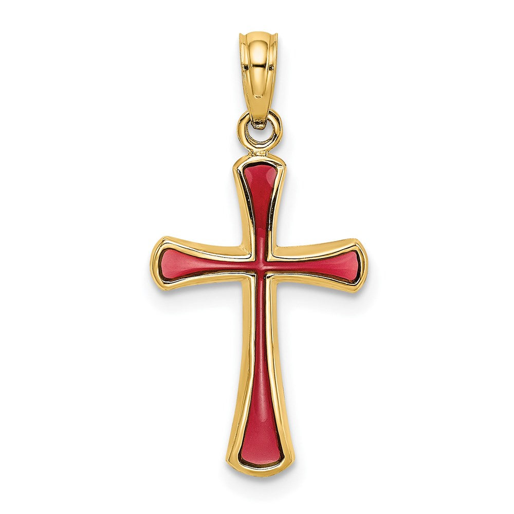 14K Gelbgold Rosa Emailliert Verjüngt Kreuz Charm