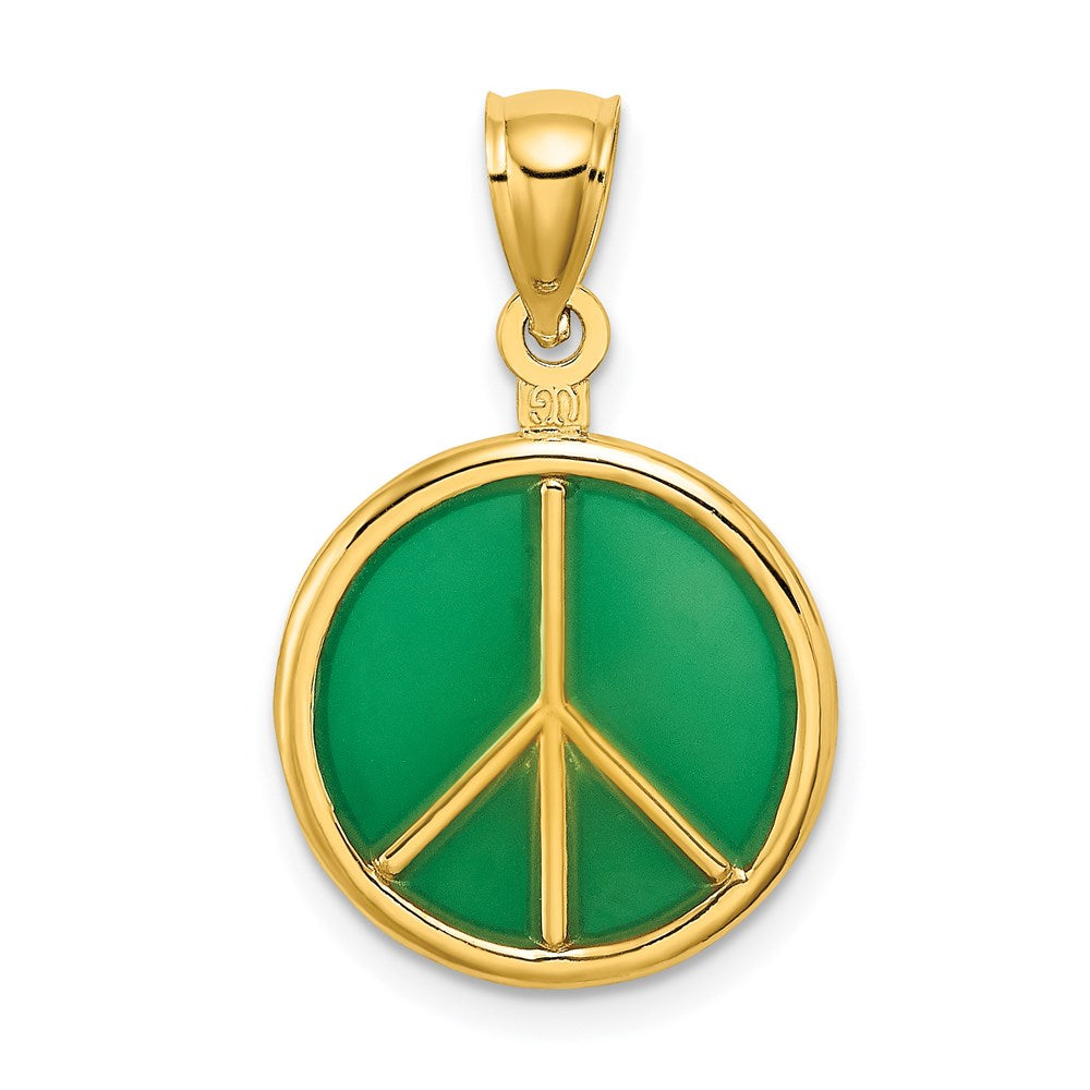 14k Gelbgold Peace-Symbol-Charm 3D grün emailliert