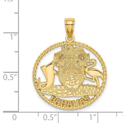 14K Gelbgold BAHAMAS-Wappen-Charm in strukturiertem Rahmen