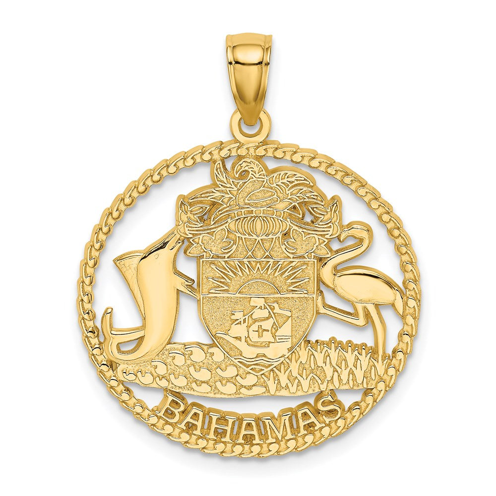 14K Gelbgold BAHAMAS-Wappen-Charm in strukturiertem Rahmen