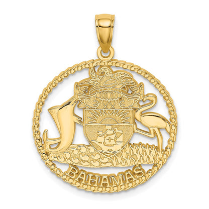 14K Gelbgold BAHAMAS-Wappen-Charm in strukturiertem Rahmen