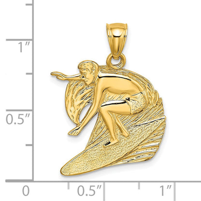 14K Gelbgold Charm "Surfer und Welle", poliert und strukturiert