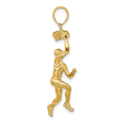 14K Gelbgold 3D-Basketballspieler-Charm mit Ball und teilweisem Korb