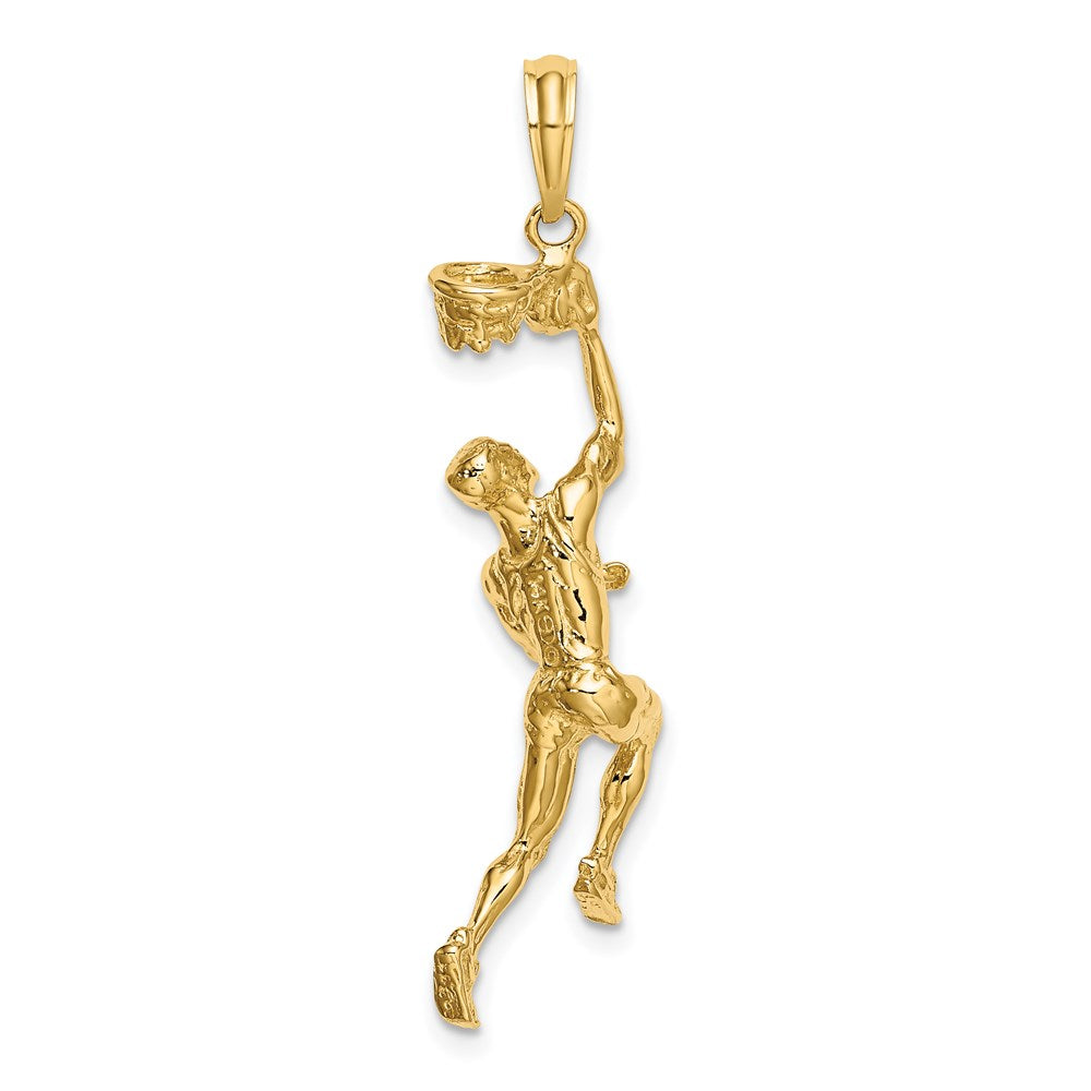 14K Gelbgold 3D-Basketballspieler-Charm mit Ball und teilweisem Korb