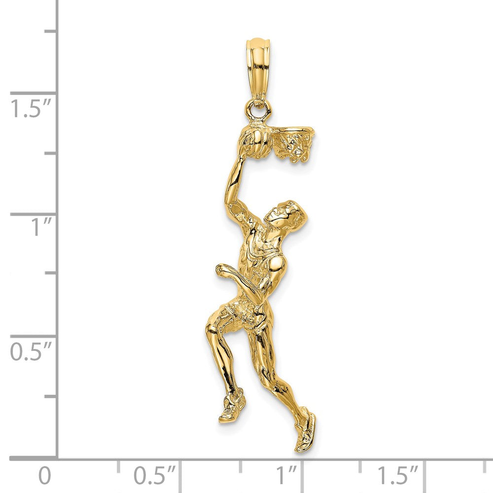 14K Gelbgold 3D-Basketballspieler-Charm mit Ball und teilweisem Korb