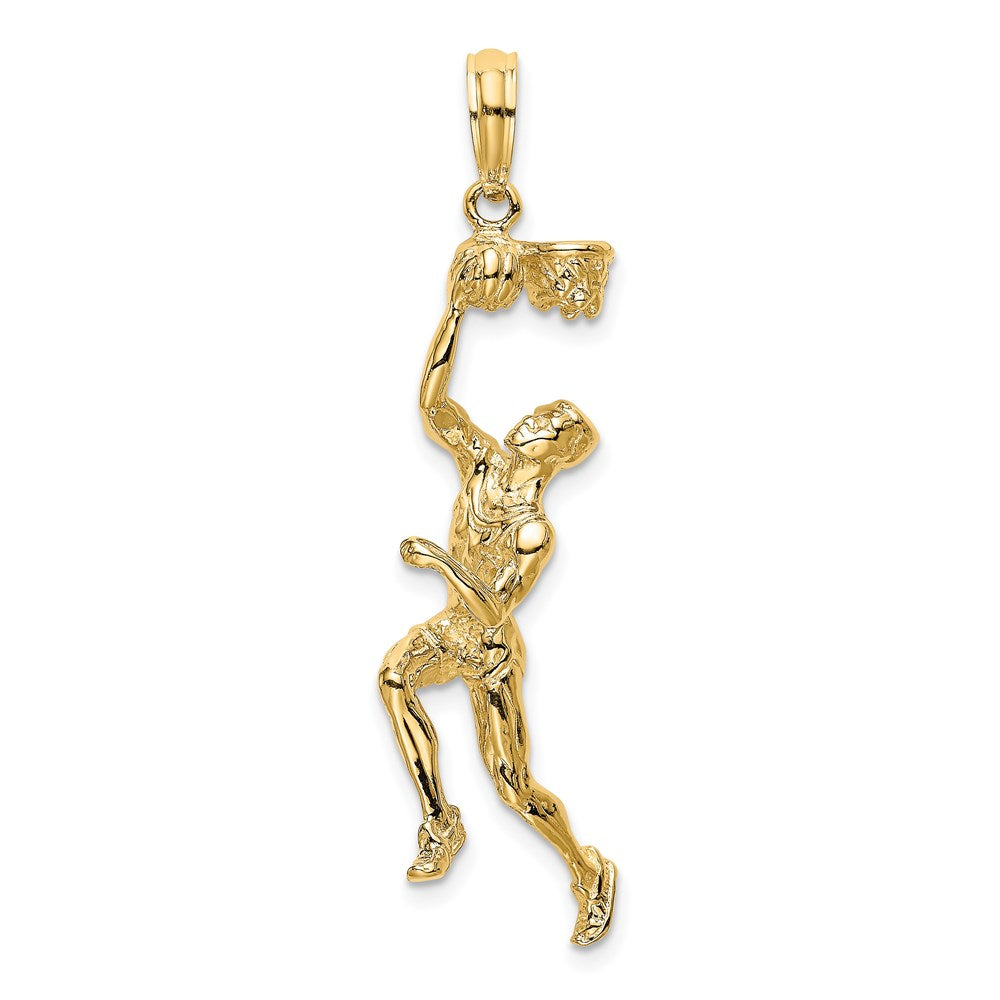 14K Gelbgold 3D-Basketballspieler-Charm mit Ball und teilweisem Korb