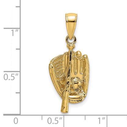 14K Gelbgold 3-D-Charm „Baseballhandschuh, Schläger und Ball“, poliert