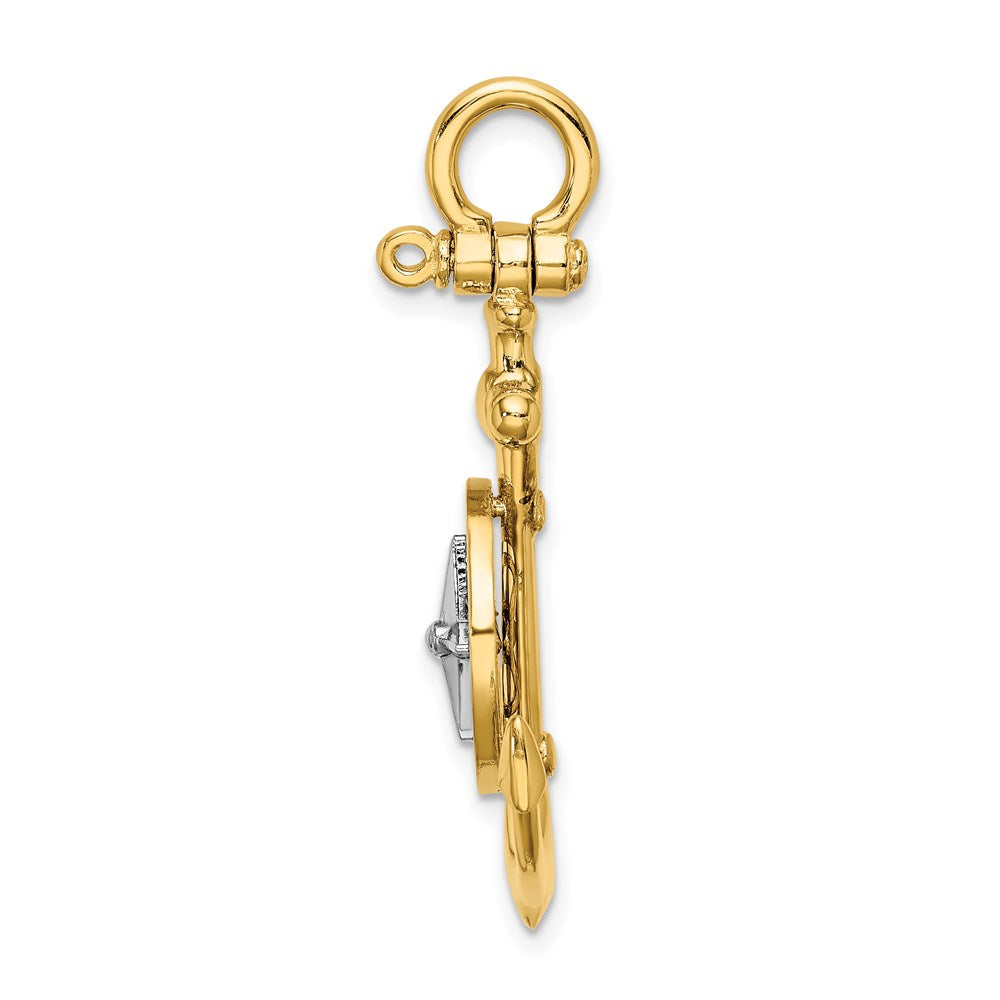 14K Bicolor-Gold 3-D-Anker-Charm mit Kompass und Rhodium-Nadel
