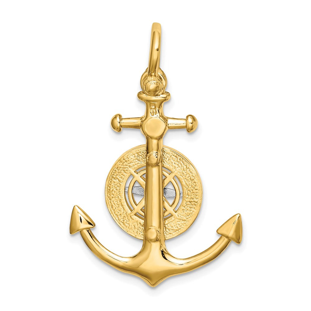 14K Bicolor-Gold 3-D-Anker-Charm mit Kompass und Rhodium-Nadel