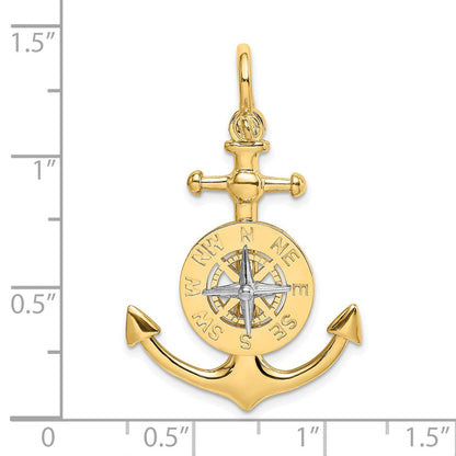 14K Bicolor-Gold 3-D-Anker-Charm mit Kompass und Rhodium-Nadel