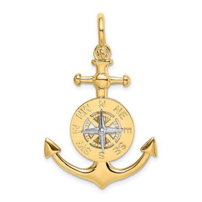 14K Bicolor-Gold 3-D-Anker-Charm mit Kompass und Rhodium-Nadel