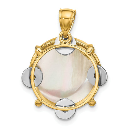 14K Bicolor-Gold 3-D beweglicher Tamburin-Charm mit Perlmutt