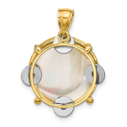 14K Bicolor-Gold 3-D beweglicher Tamburin-Charm mit Perlmutt