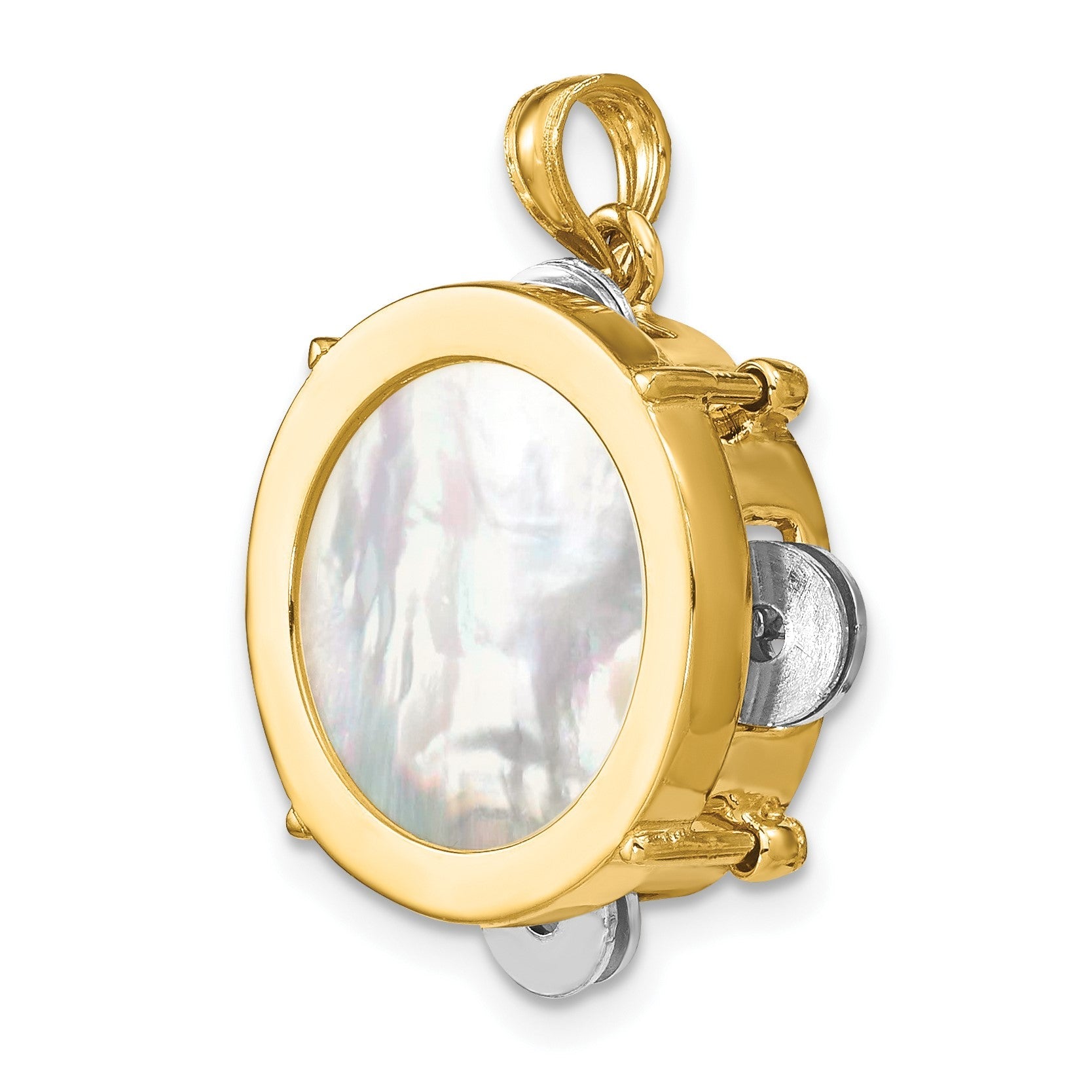 14K Bicolor-Gold 3-D beweglicher Tamburin-Charm mit Perlmutt
