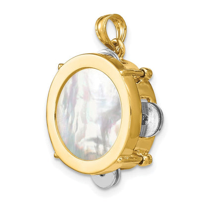 14K Bicolor-Gold 3-D beweglicher Tamburin-Charm mit Perlmutt